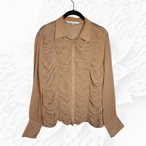 Max Studio Tan Front Pleated Long Sleeve Button Down Blouse